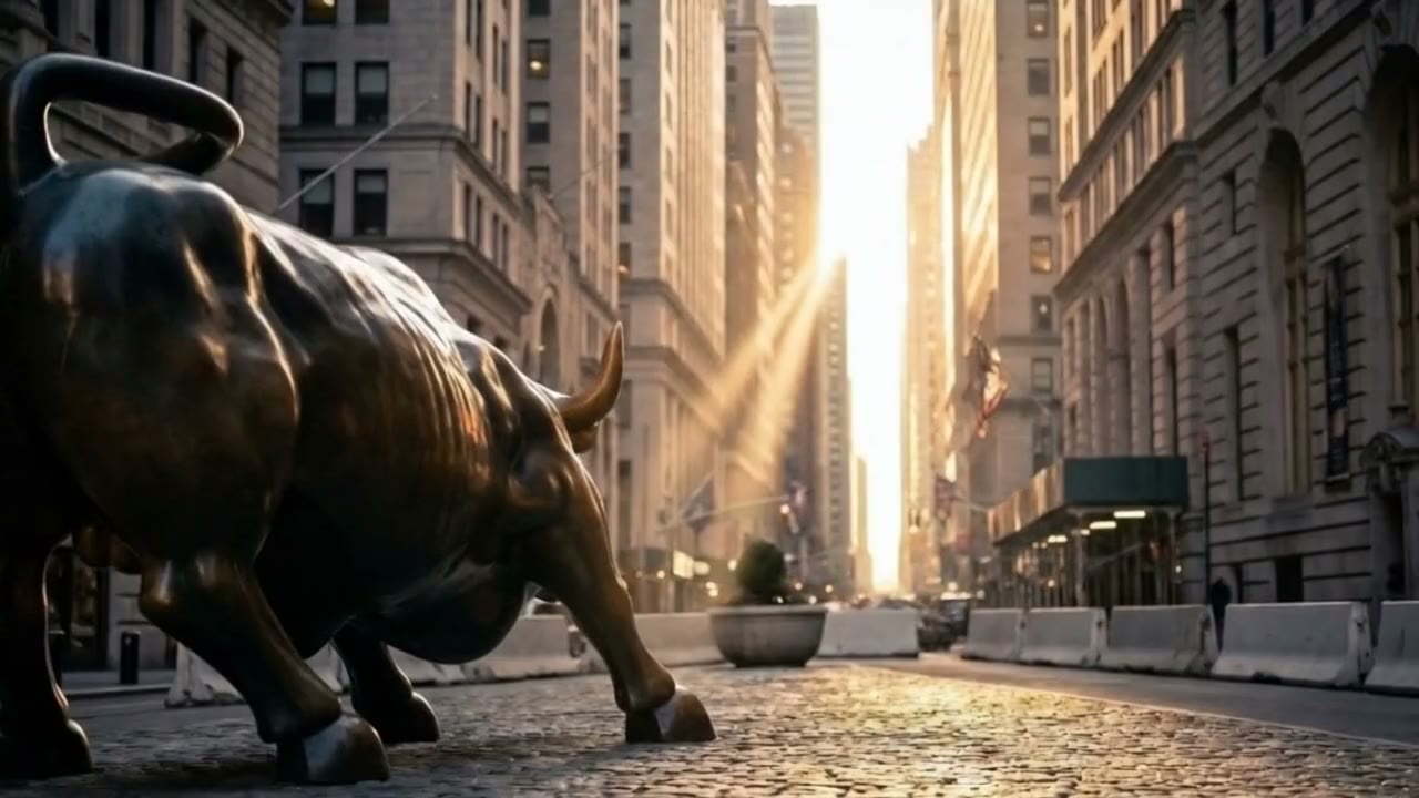 The Charging Bull statue at Bowling Green, golden hour